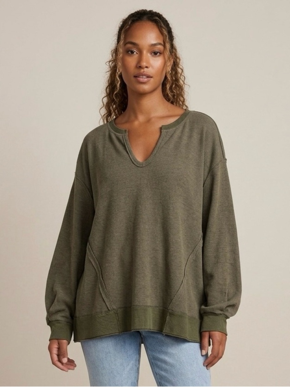 HEYSON Relaxed Waffle Knit Notch Neck Exposed Raw Seams Top
Size 2XL/3XL NWT
